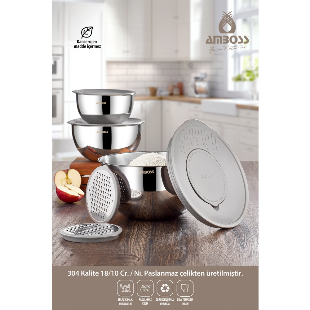 Amboss Satin 9 Parça Paslanmaz Çelik Çok Amaçlı Kase Seti Gri Kapaklı Saklama Kapları Fiyatı