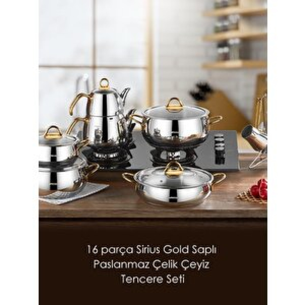 Amboss Sirius Gold Saplı İndüksiyon Tabanlı Paslanmaz Çelik 16 Parça Çeyiz Tencere Seti Tencere / Tava Setleri Fiyatı