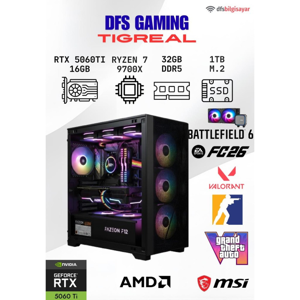 AMD Dfs Gamıng Tıgreal Ryzen 7 9700X-B650M-RTX 5060 Tı 16GB-32GB Ddr5 Ram-1tb M.2 Ssd-Masaüstü Oyuncu Bilgisayarı - Siyah - Yok Masaüstü Bilgisayar Fiyatı