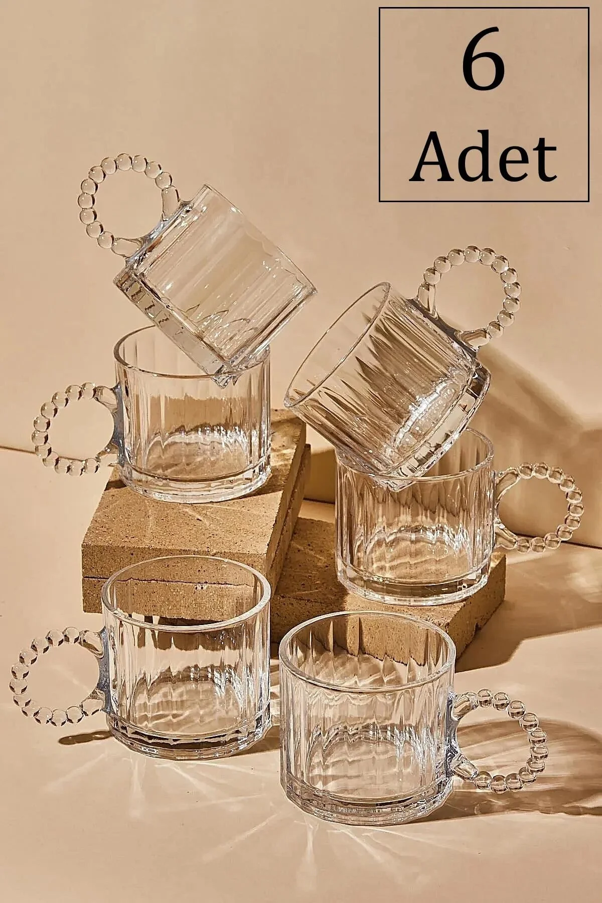 Amentes 6 Lı Cam Boncuk Kulplu Bardak Kupa Çay Kahve Meşrubat Bardağı 325ml" Fincan / Bardak / Kahve Takımı Fiyatı