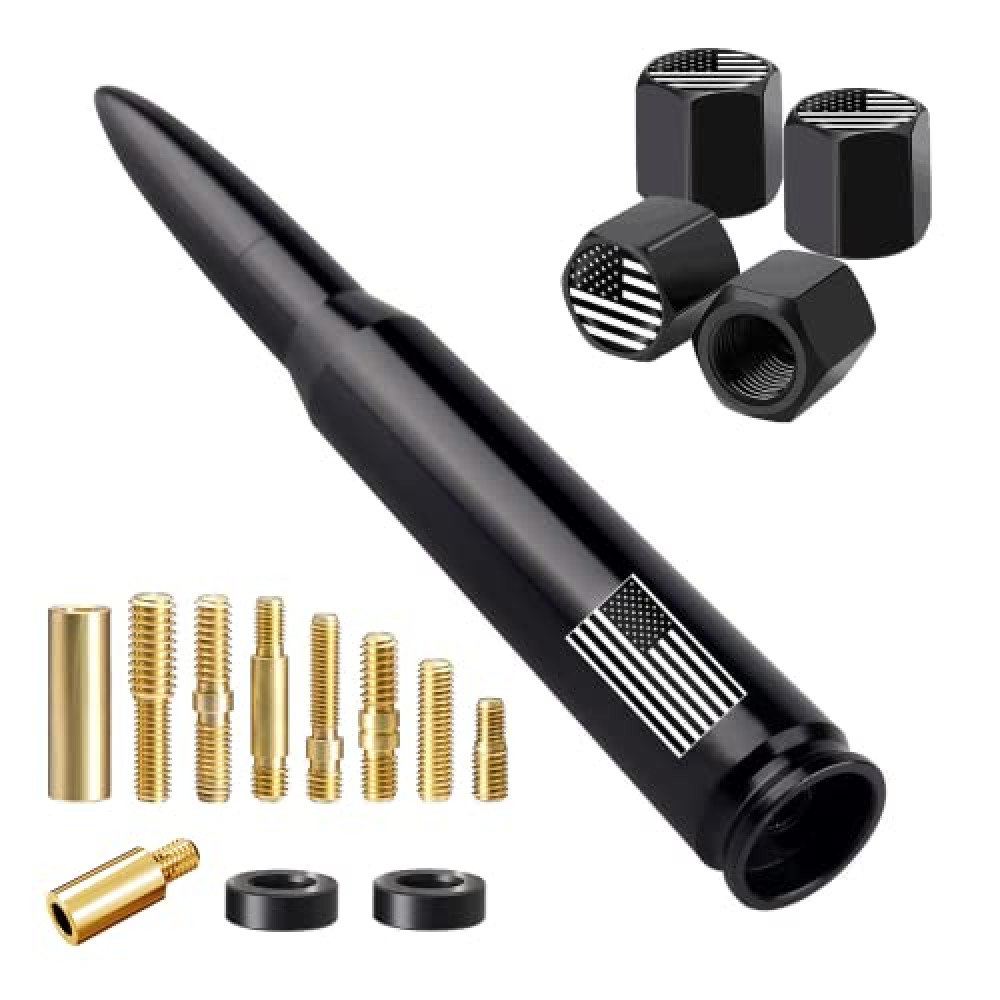 American Flag Car Truck Antenna with Valve Stem Caps, Universal Mast for GM Chevy Silverado 1500 2500 3500 HD Avalanche Ford F150 F250 F350 Denali Heavy Duty Pickup Trucks Accessories (Black)