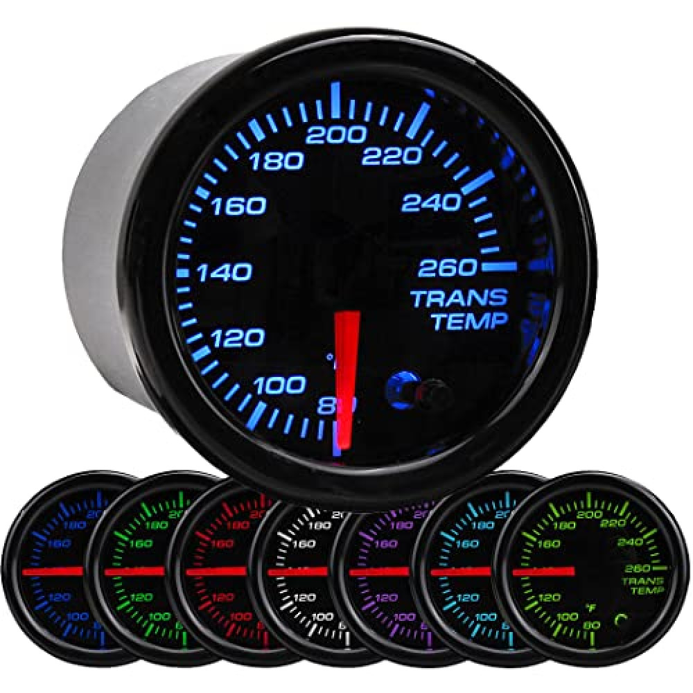 American Volt 2 Inch 52mm Black 7-Color 80-260'F Degree Transmission Oil Temperature Gauge and 1/8"" NPT Thermostat Sending Sensor Probe Wiring Kit, AV-TR1-1