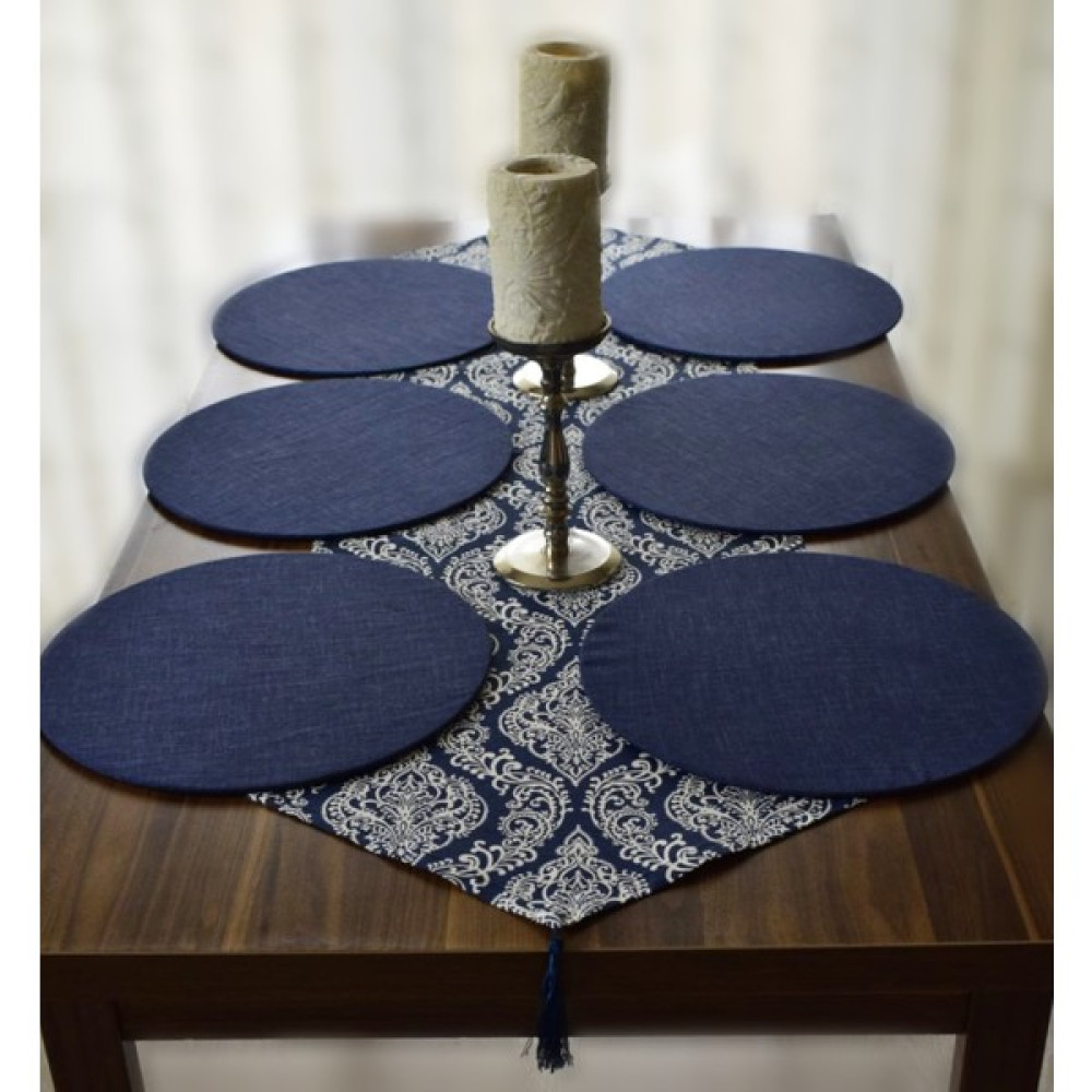 Amerikan Servis, Lacivert Motifli Desen Runner ve 6 Adet Supla - Renkli - 140 x 40 cm Amerikan Servis Fiyatı