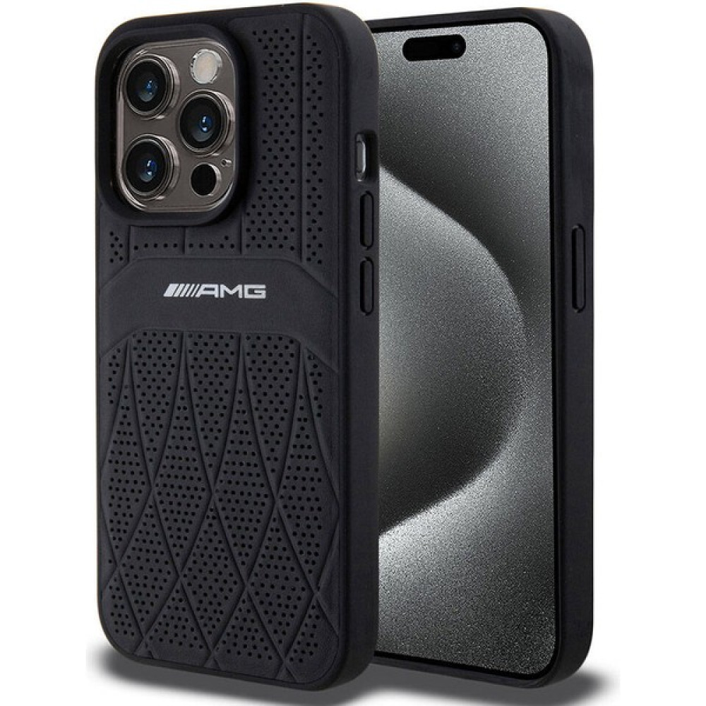 AMG iPhone 15 Pro Kılıf Amg Orjinal Lisanslı Magsafe Şarj Özellikli Delikli Deri Kıvrımlı Çizgili Siyah Cep Telefonu Kılıfı Fiyatı