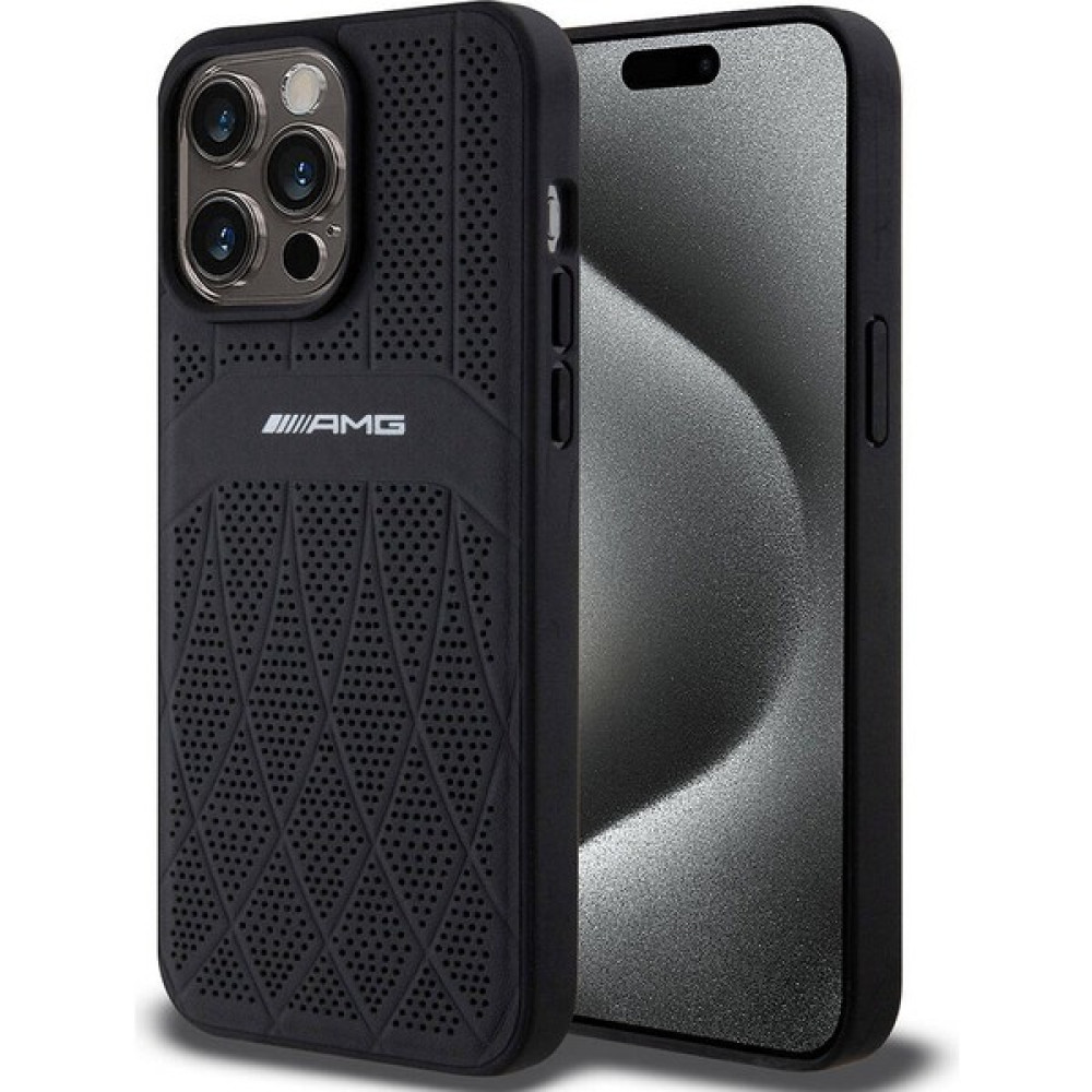 AMG iPhone 15 Pro Max Kılıf Amg Orjinal Lisanslı Magsafe Şarjlı Delikli Deri Kıvrımlı Çizgili Siyah Cep Telefonu Kılıfı Fiyatı