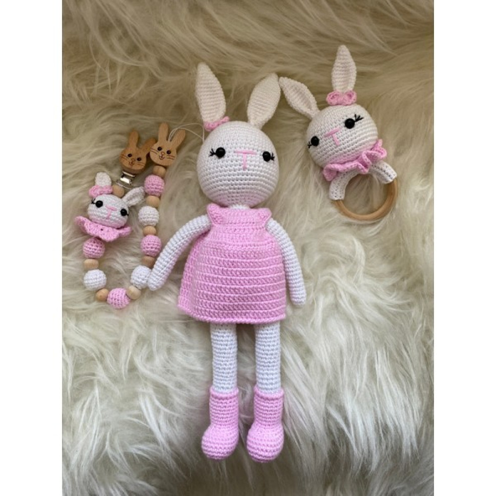 Amigurumi Organik Örgü Oyuncak Çıngırak ve Tavşan Set - Beyaz - Pembe Bebek Oyuncakları Fiyatı