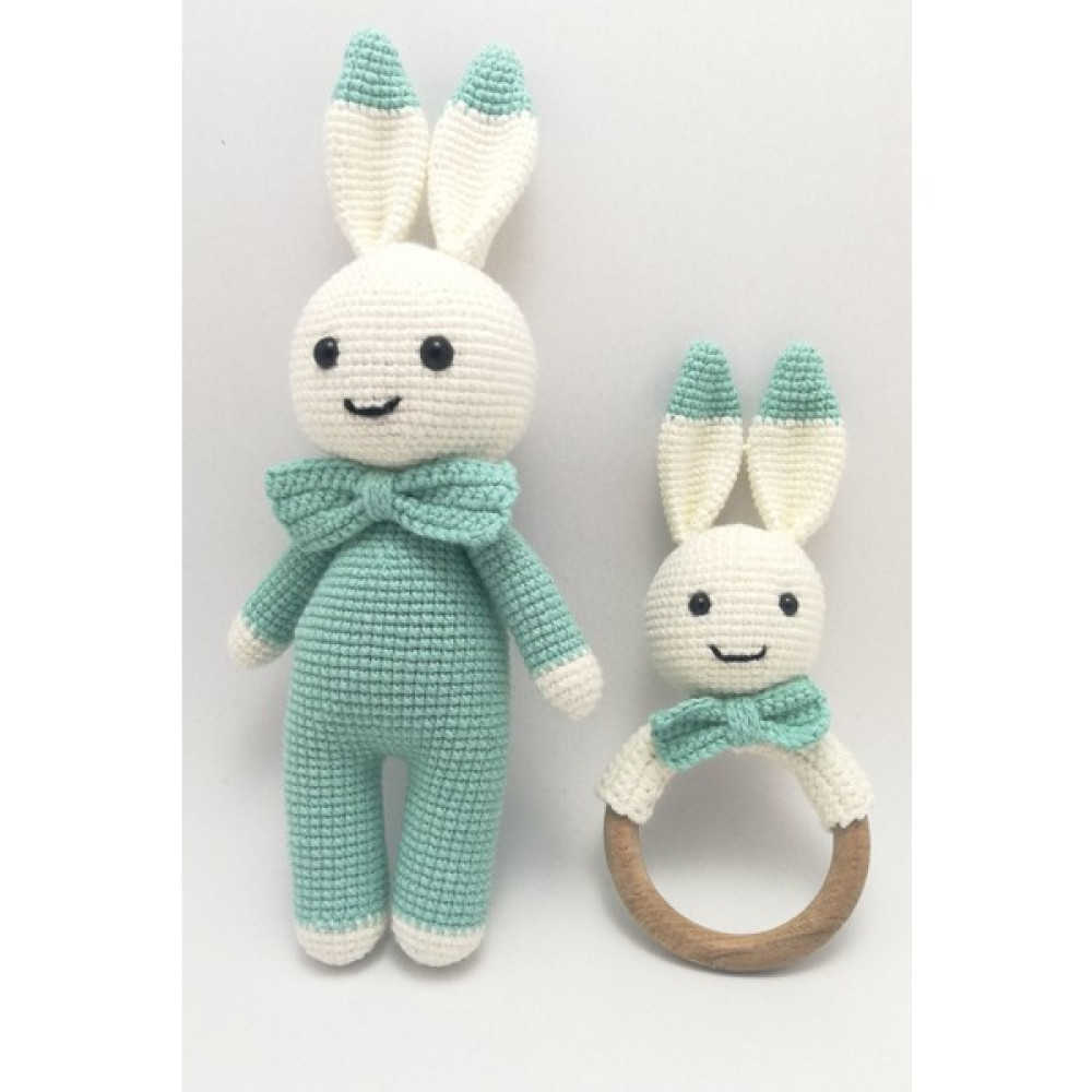 Amigurumi Sevimli Tavşan ve Çıngıraklı Diş Kaşıyıcı - Mint Yeşili - Mavi - Beyaz Bebek Oyuncakları Fiyatı
