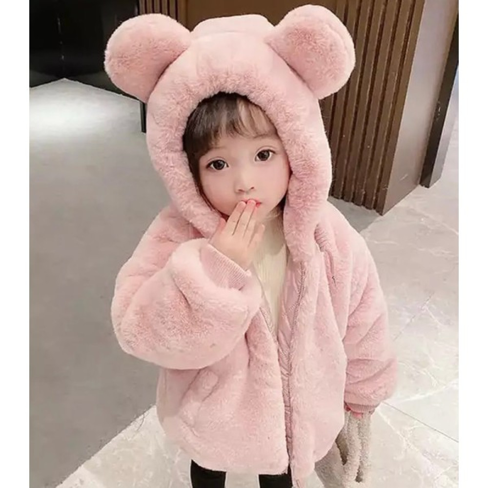 Amor Man Özel Tasarım Kapüşonlu Çift Kulak Detaylı Tam Fermuarlı Astarlı %100 Yün Polar Kız Çocuk Peluş Mont Kız Çocuk Mont Fiyatı