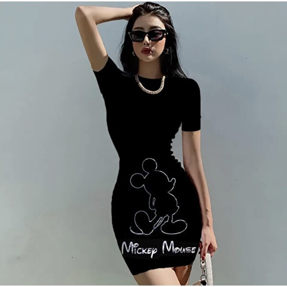 Amor Man Özel Tasarım Mickey Mouse Baskılı Likralı %100 Pamuk Slim Fit Kısa Kollu Yazlık Kadın Spor Elbise Elbise Fiyatı