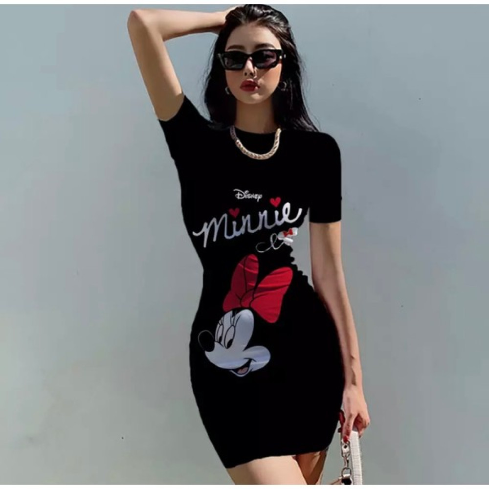 Amor Man Özel Tasarım Minnie Baskılı %100 Pamuk Yuvarlak Yaka Kısa Kollu Yazlık Likralı Kadın Spor Elbise Elbise Fiyatı