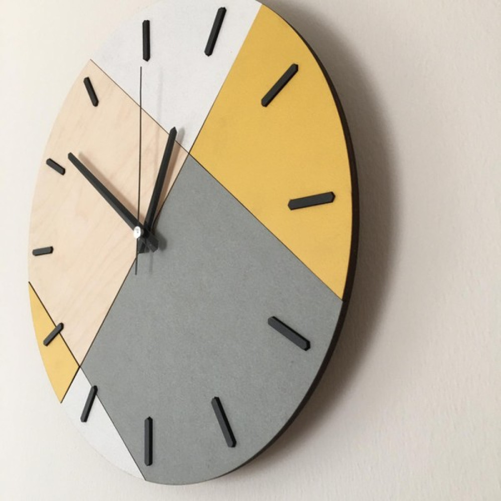 Amorf Design Ahşap Geometrik Desenli Sarı Duvar Saati 48X48 cm - Renkli - 48 cm Dekoratif Saat Fiyatı