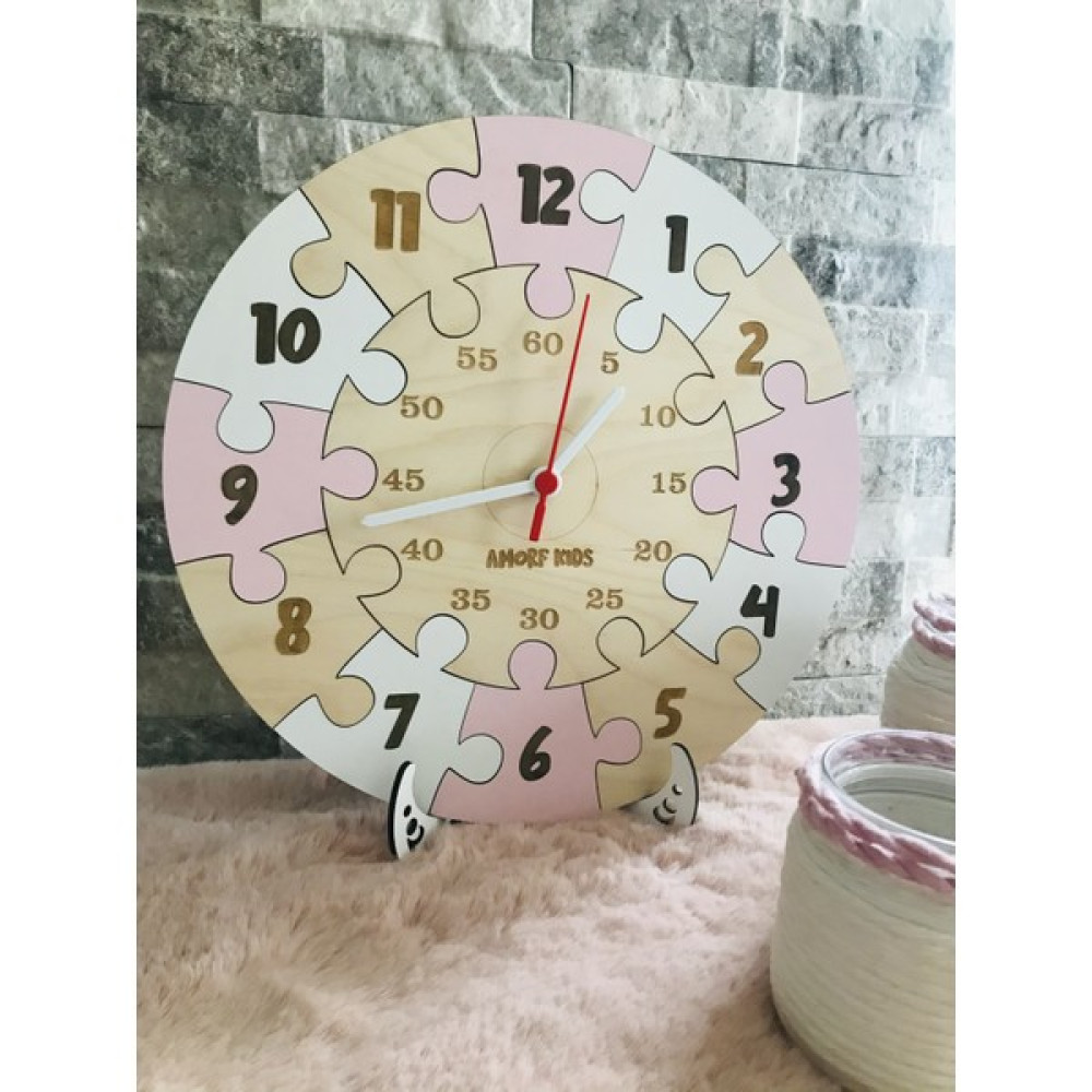 Amorf Design Ahşap Puzzle Kız Çocuk Odası Saati - Renkli - 32 x 32 cm Dekoratif Saat Fiyatı