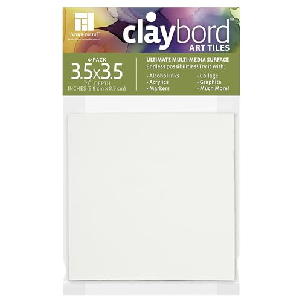 Ampersand Art Supply Claybord Art Tiles for Small Paintings, Crafts, Handmade Jewelry, DIY Creative Projects, and Collage, 1/8" Flat Profile, 3.5" x 3.5" - Pack of 4