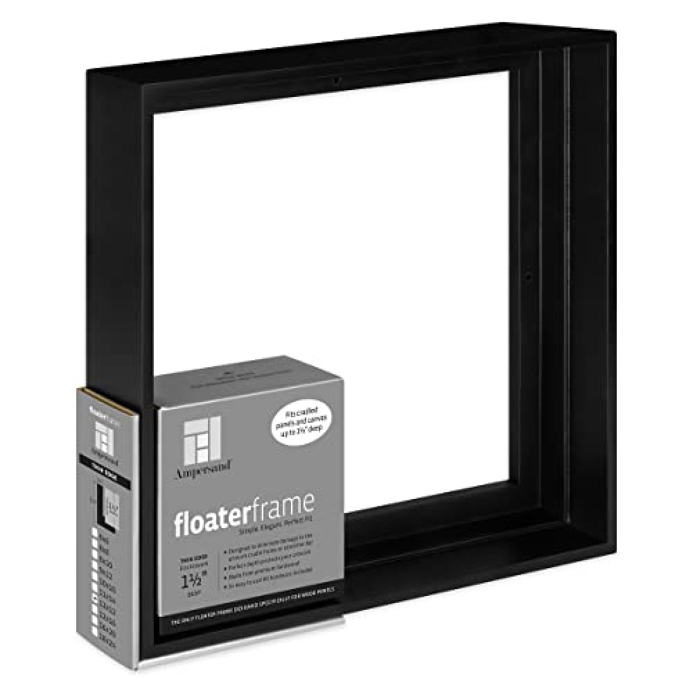 Ampersand Art Supply Floaterframe Readymade Frame for Flat and 1 1/2" Deep Wood Panel and Canvas Artwork, Paintings, Prints, and More, 12"x12", Black Thin