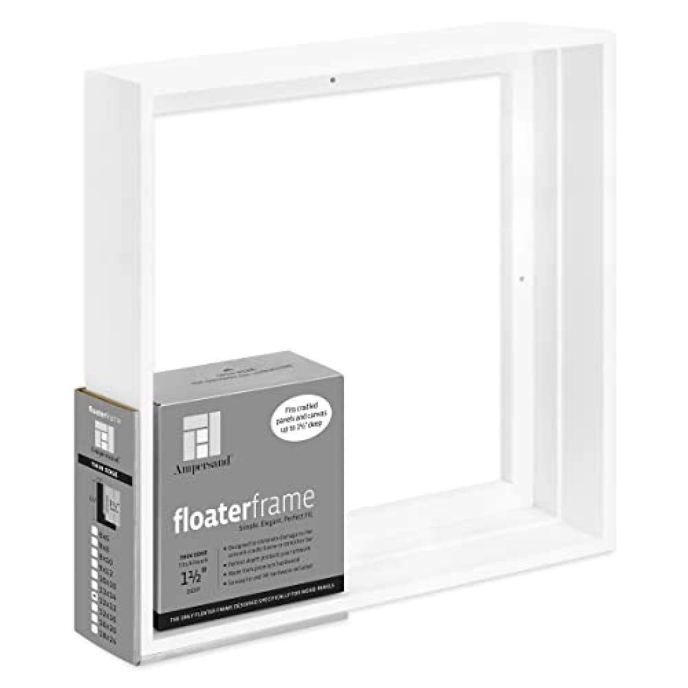 Ampersand Art Supply Floaterframe Readymade Frame for Flat and 1 1/2" Deep Wood Panel and Canvas Artwork, Paintings, Prints, and More, 12"x12", White Thin