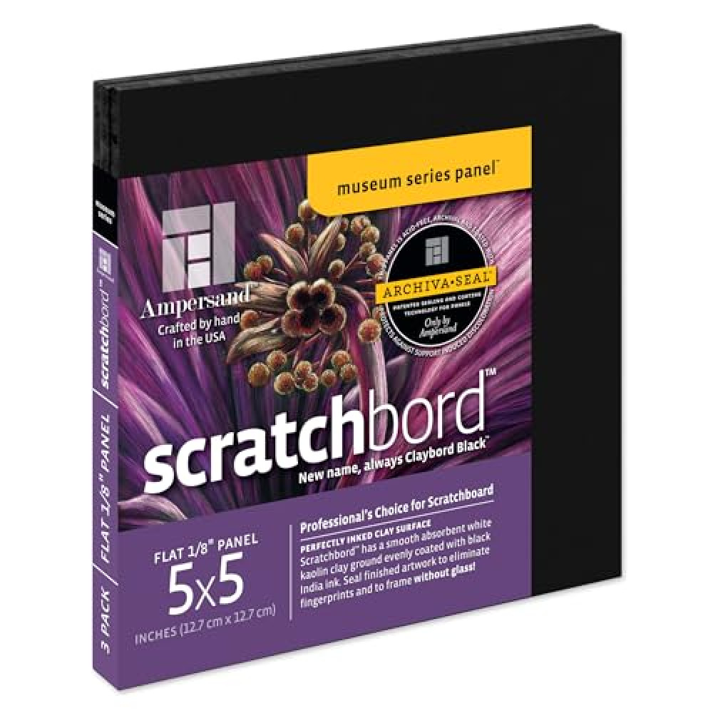 Ampersand Art Supply Scratchbord Art Panel: Museum Series Scratchboard, 1/8 Inch Flat Profile, 5" x 5" - Pack of 3