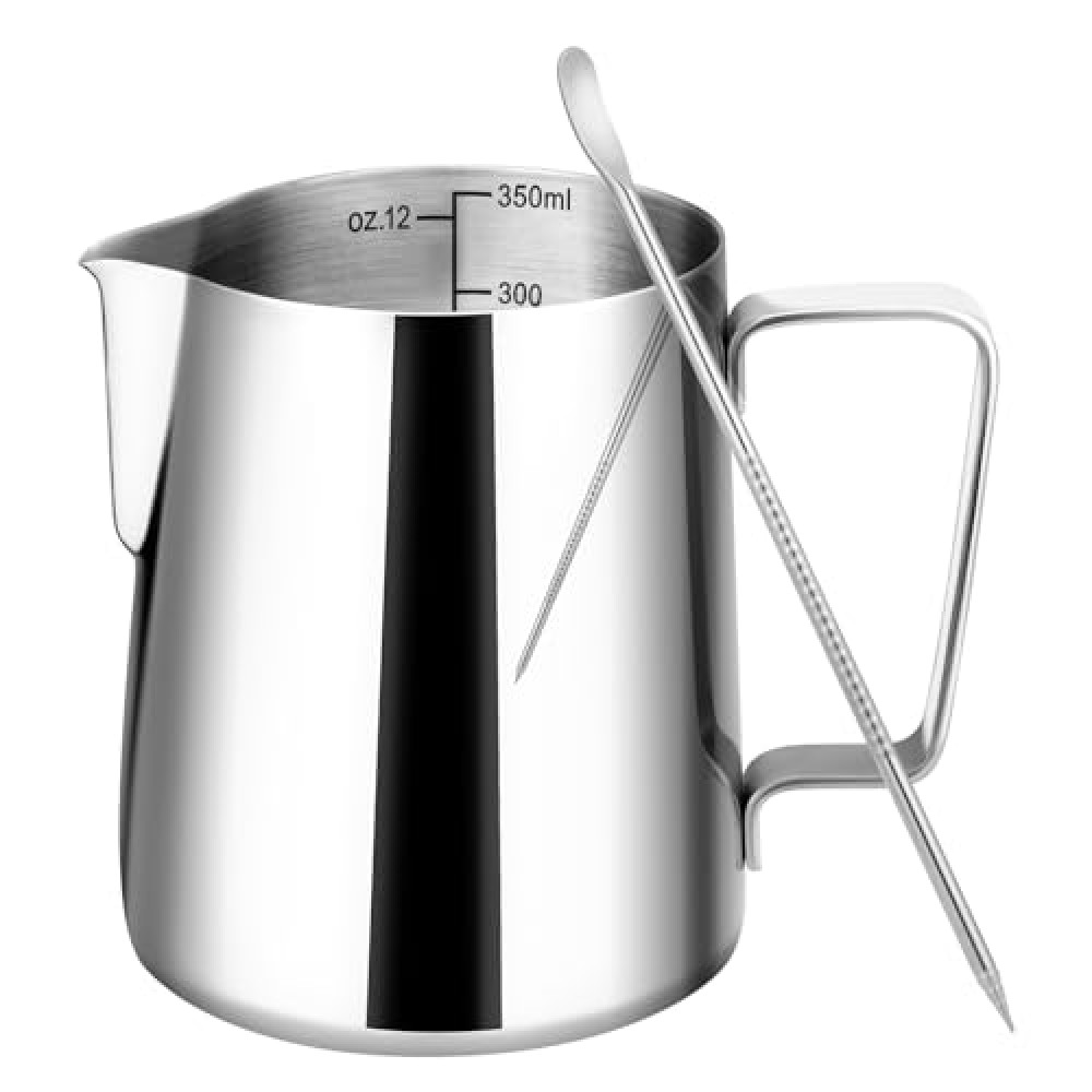 Amrules Milk Frothing Pitcher, 12oz Milk Frother Cup with Clear Scale, 304 Stainless Steel Cappuccino Espresso Machine Accessories for Barista Coffee Bar with Latte Art Pen, Silver