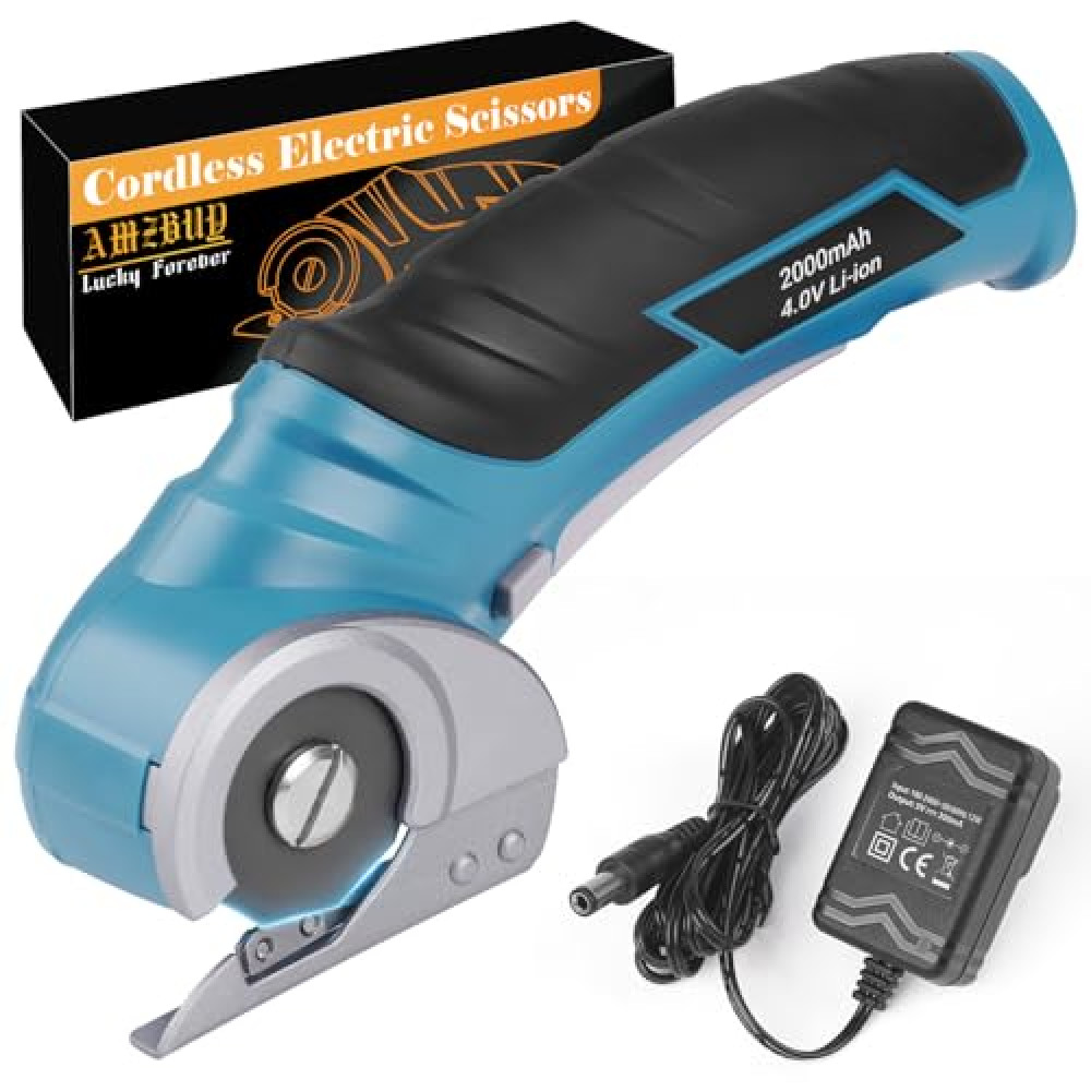 AMZBUY Cordless Electric Scissors Rechargeable - 4V Rotary Cutter with Self-Sharpening Blade Cardboard Cutter Heavy Duty Electric Scissors for Cardboard, Plastic, Fabric, Crafting, Carpet, Leather