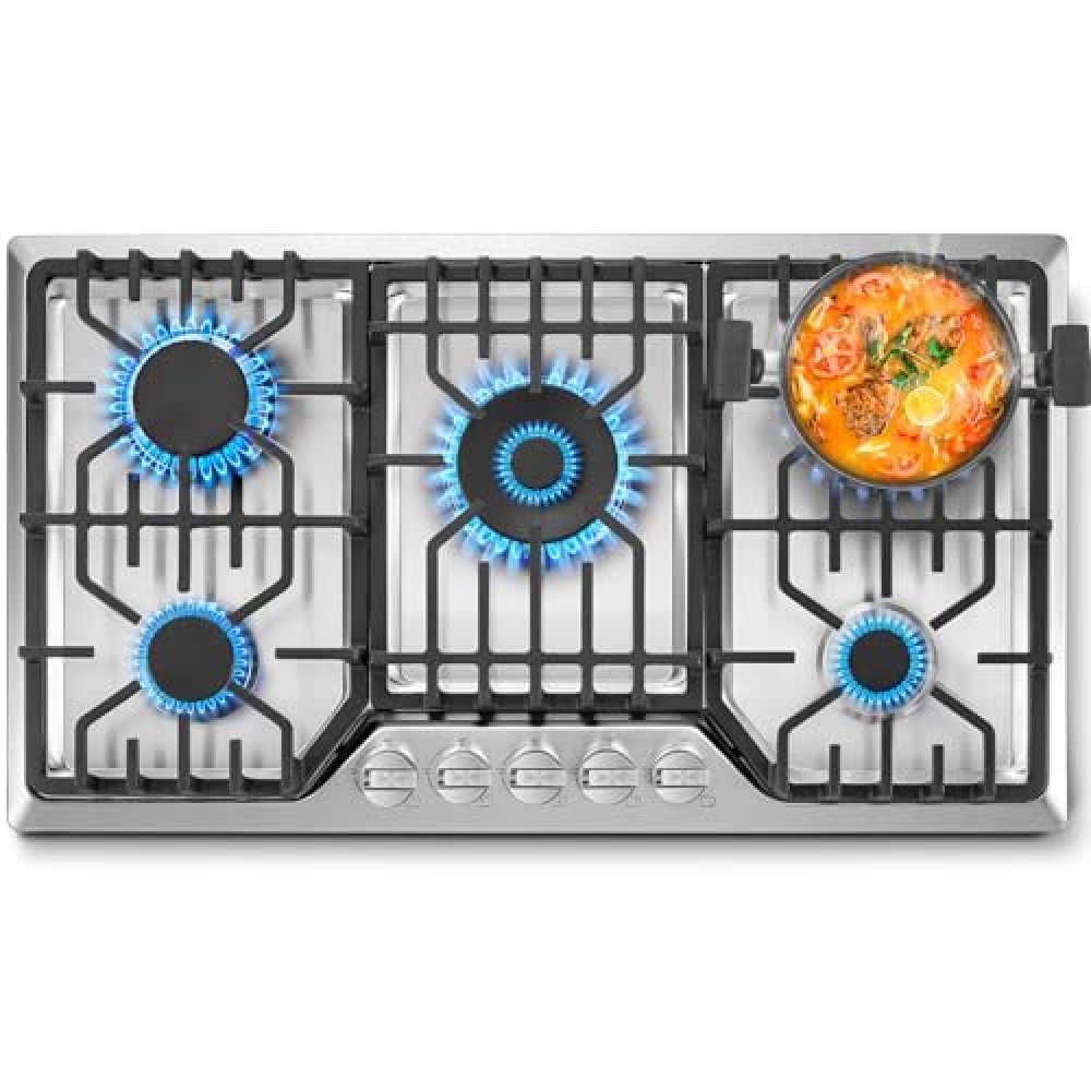 Amzgachfktch Gas Cooktop 36 inch with 5 Italy Sabaf Sealed Burners, Max 48,300 BTU Built-in Gas Stove Top, Propane Cooktop with 304 Stainless Steel Panel, NG/LPG Convertible, CSA Certified