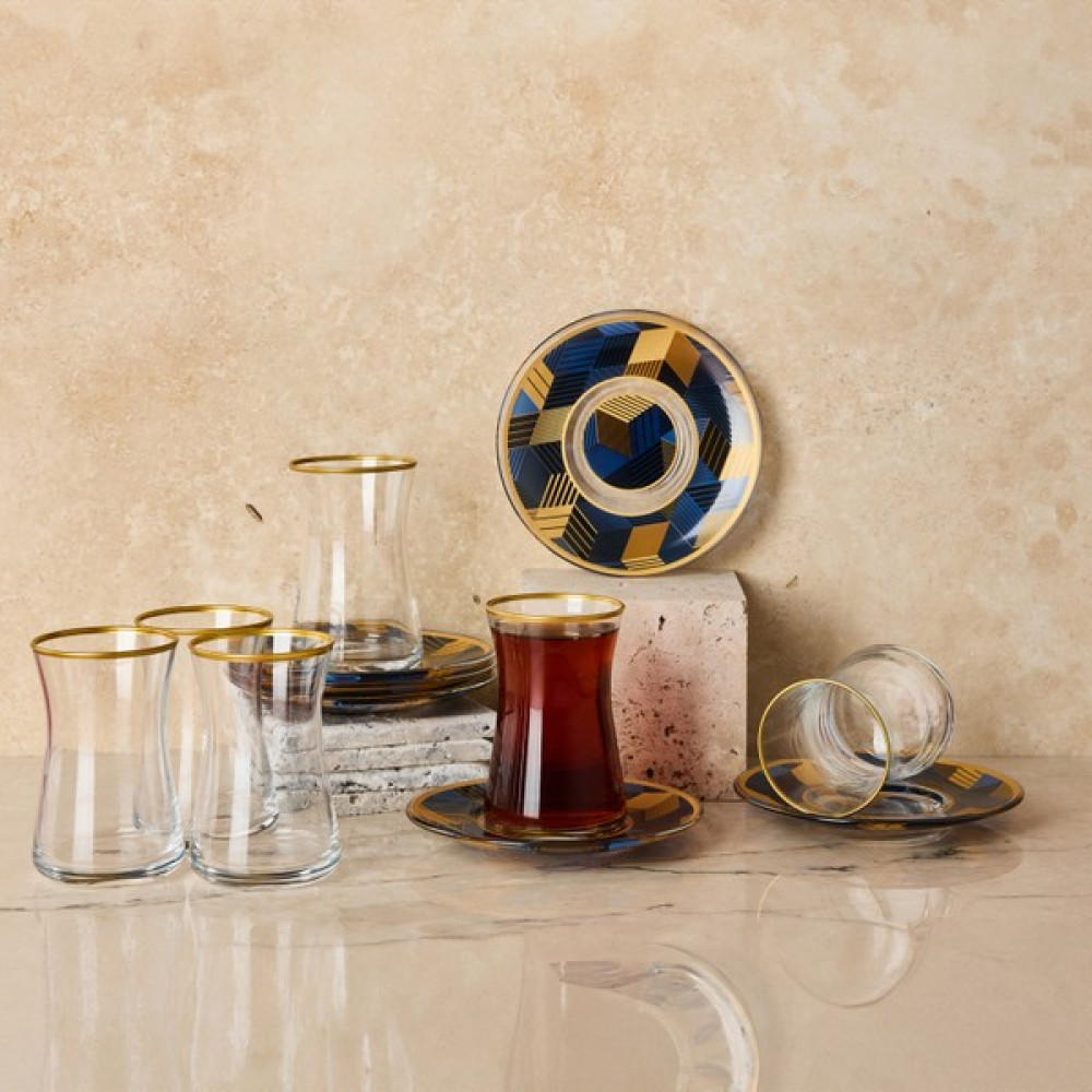 Anadolia Geometrik Desenli Cam Çay Bardağı ve Çay Tabağı 12 Parça Çay Takımı Seti Fincan / Bardak / Kahve Takımı Fiyatı