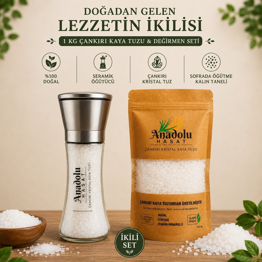 Anadolu Hasat Çankırı Kristal Sofrada Öğütme Kaya Tuzu 1kg + Seramik Bıçaklı Baharat ve Tuz Değirmeni Öğütücü - 1,5 kg Tuz, Şeker, Baharat Fiyatı