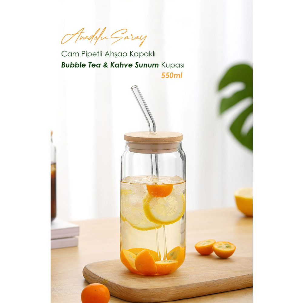 Anadolu Saray Çarşısı Isıya Dayanıklı Cam Pipetli Ahşap Kapaklı Bubble Tea Ve Borosilikat Bardak Kahve Sunum Bardağı 550ml Fincan / Bardak / Kahve Takımı Fiyatı