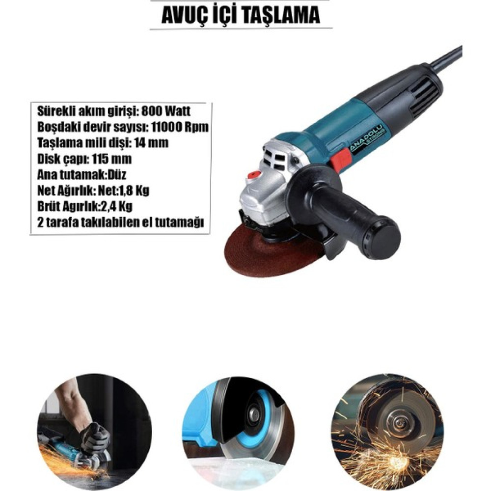 Anadolu Strong Profesyonel Üstün Kalite Avuç Içi Taşlama 800 Watt - 115 mm Taşlama Makinesi Fiyatı