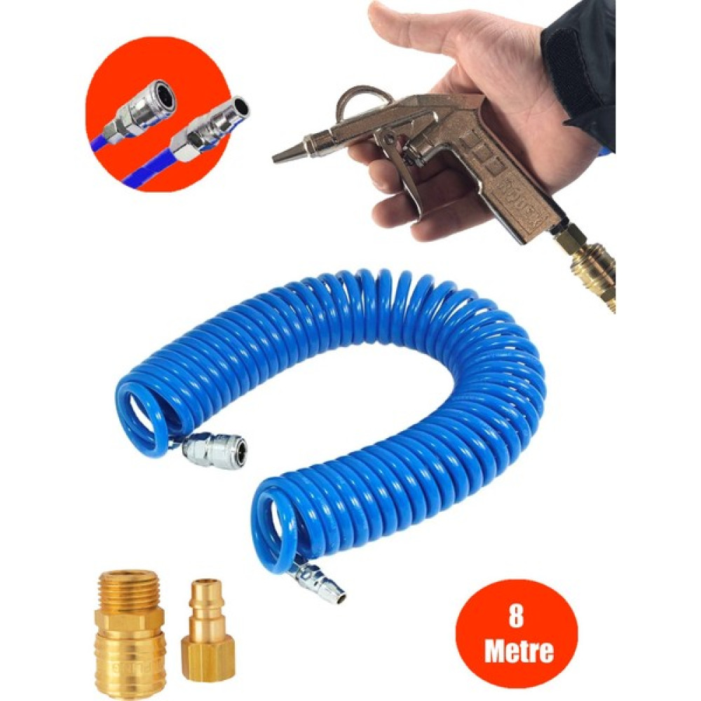 Anadolu Strong Profesyonel Yüksek Kalite Kompresör Spiral Hava Hortumu 8 mm 8mt Hava Tabancalı Kompresör Recor Seti Hava Kompresörü Fiyatı