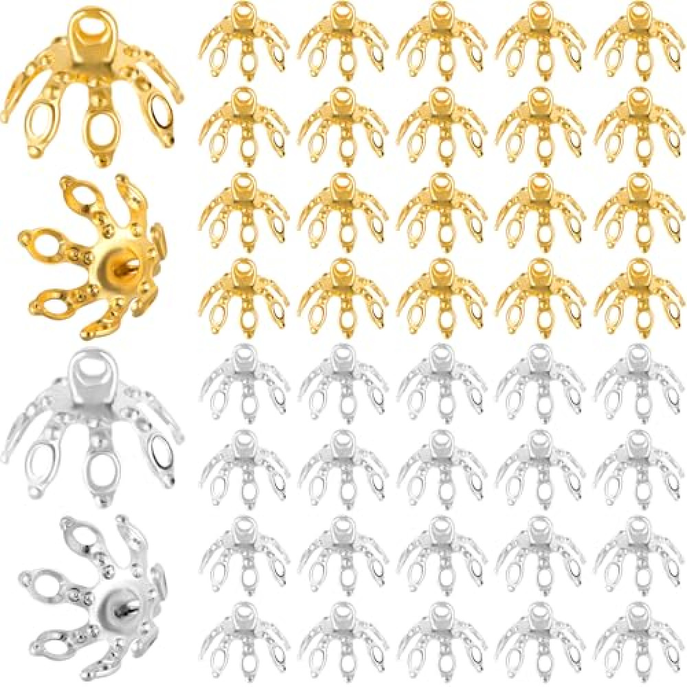ANCIRS 50 Pcs Flower Bead Caps, End Cap Bails for Necklace, 7 Prong Bell Bead Cap, Metal Spacer Flower Beads for Bracelets, DIY, Crafts, Jewelry Making (25pcs Gold & 25pcs Silver)