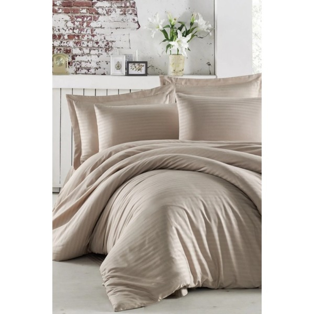 Anemons Çizgili Saten Çift Kişilik Nevresim Seti - Carsafsiz - Açık Bej - 200 x 220 cm Nevresim Takımı Fiyatı