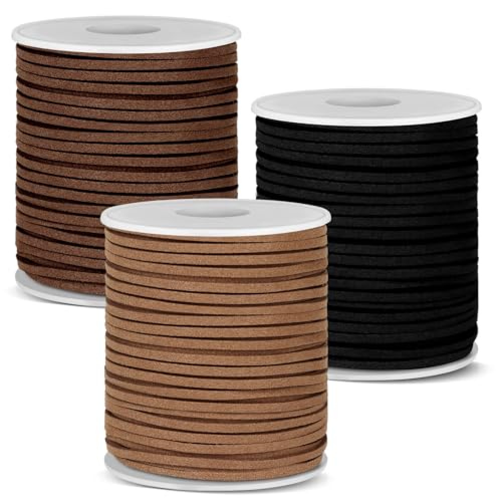 Anezus 3 Rolls Flat Leather String Cord, Suede Ribbon for Jewelry Making, Leather Twine for Crafts, Thin Leather Shoe Laces for Boots, Faux Leather Strips for Bracelets, Necklaces