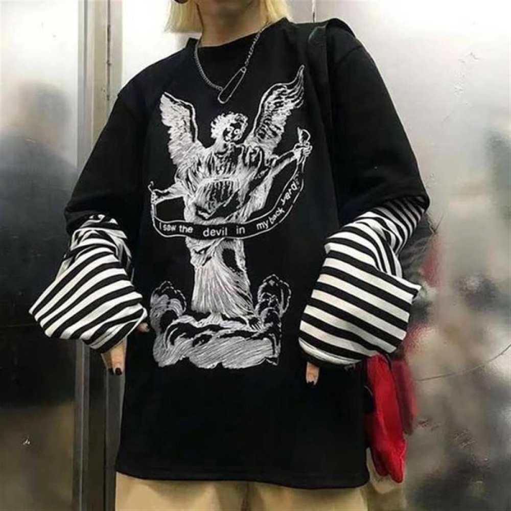 Angel With A Banderole Baskılı Fake Sleeves Unisex Siyah T-Shirt Bayan T-shirt Fiyatı