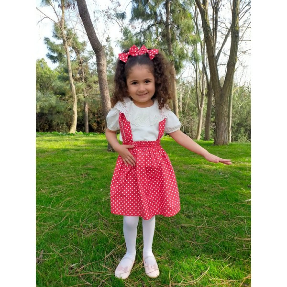 Angels' Collection Kırmızı Beyaz Puantiyeli Askılı Etek Toka Takımı - 23 Nisan Eteği Etek Fiyatı