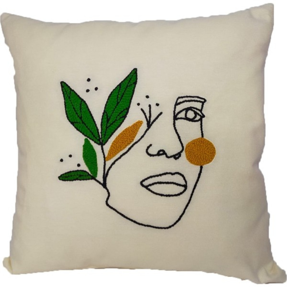 Angels' Collection Punch Işlemeli Kırlent Kılıfı ( Yeşil Yapraklı Kadın Yüzü ) 4 Adet - 40 x 40 cm - Krem Kırlent / Mobilya Yastığı Fiyatı