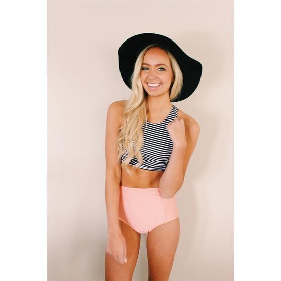 Angelsin Altı Pembe Üstü Cizgili Yüksek Bel Tankini Bikini Takım