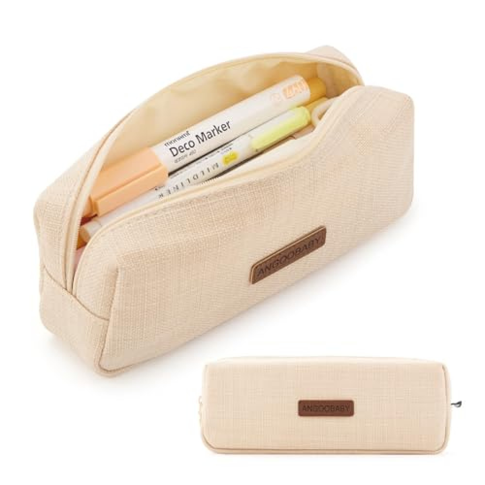 ANGOOBABY Small Pencil Case Student Pencil Pouch Coin Pouch Cosmetic Bag Office Stationery Organizer For Teen School-Beige