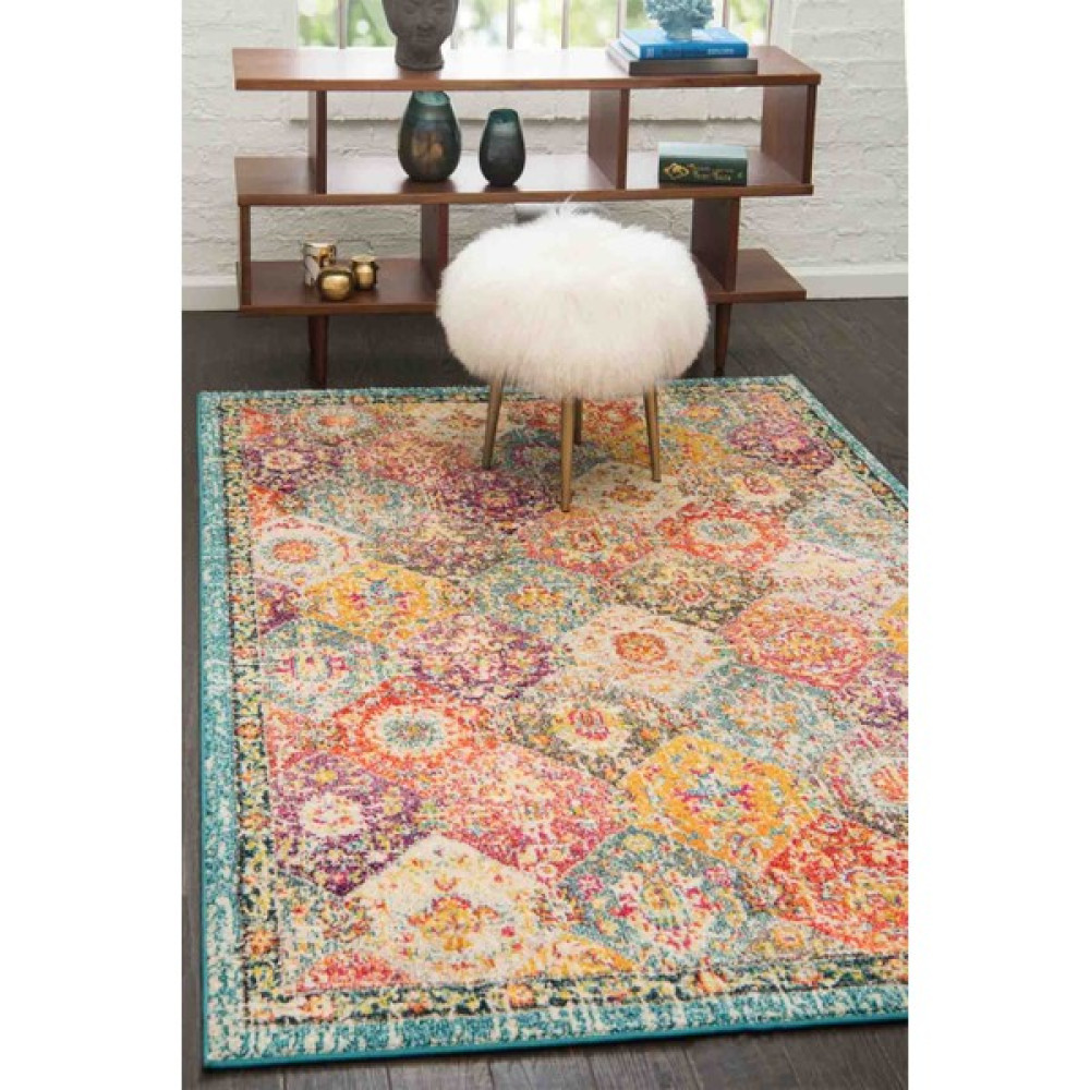 Angora Home Spring Koleksiyonu Dokuma Makine Halısı SP1000 100 x 160 Dikdörtgen - 100 x 160 cm - Krem Zemin - Sarı - Turuncu - Lila Desenli Salon Halısı Fiyatı