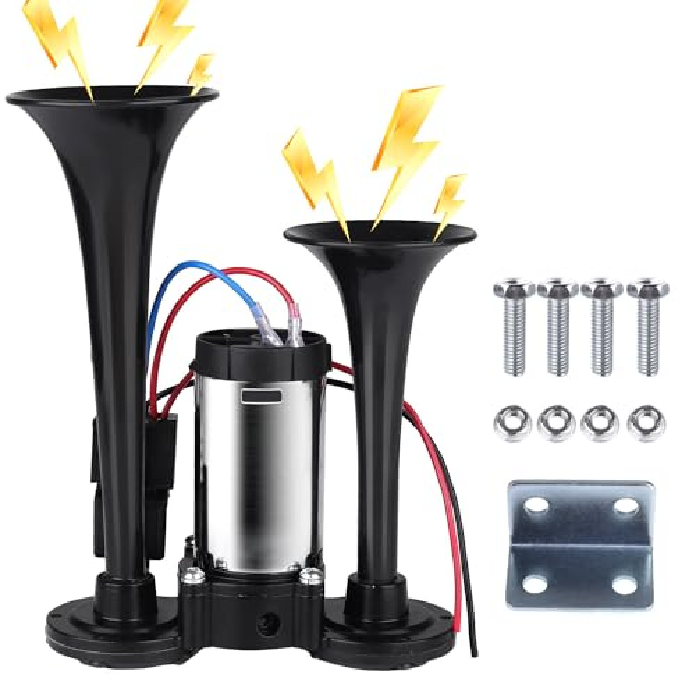 Animgrth Upgraded 12V 600DB Air Horn Dual Trumpets, Super Loud Truck Train Horns Kit with Air Compressor for Any 12V SUV Motorcycle Trucks Pickup Lorries Trains Cars Boats