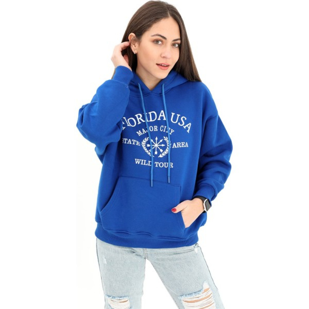 Anjea Kapüşonlu Florida Baskılı Üç Iplik Sweat - Saksmavisi Bayan Sweatshirt Fiyatı