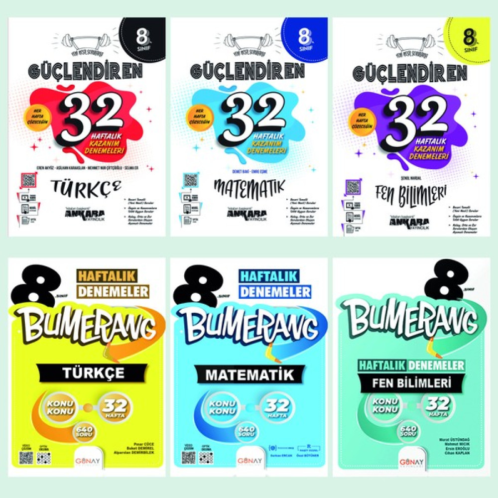 Ankara Yayınları 8. Sınıf Güçlendiren 32 Haftalık Kazanım Denemesi Türkçe + Matematik + Fen Bilimleri ve Günay Yayınları Bumerang 32 Haftalık Denem... Tüm Dersler Fiyatı