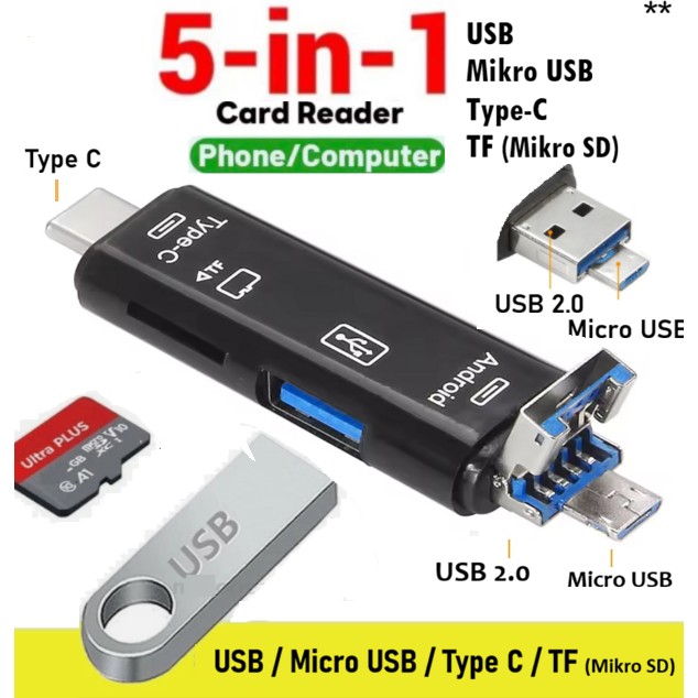 Anktek 5'i 1 Arada Usb/micro Usb/type C Çıkışlı Micro Sd Kart Okuyucu Otg Çevirici - Siyah Bilgisayar Çevirici ve Adaptörü Fiyatı