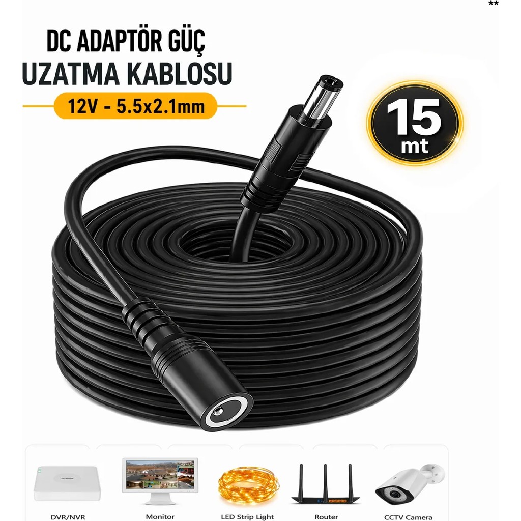 Anktek Dc Adaptör Güç Uzatma Kablosu 5.5x2.1mm 12V Kamera LED Monitör Dvr, Router…(15 Mt) - 15 Mt Router Fiyatı