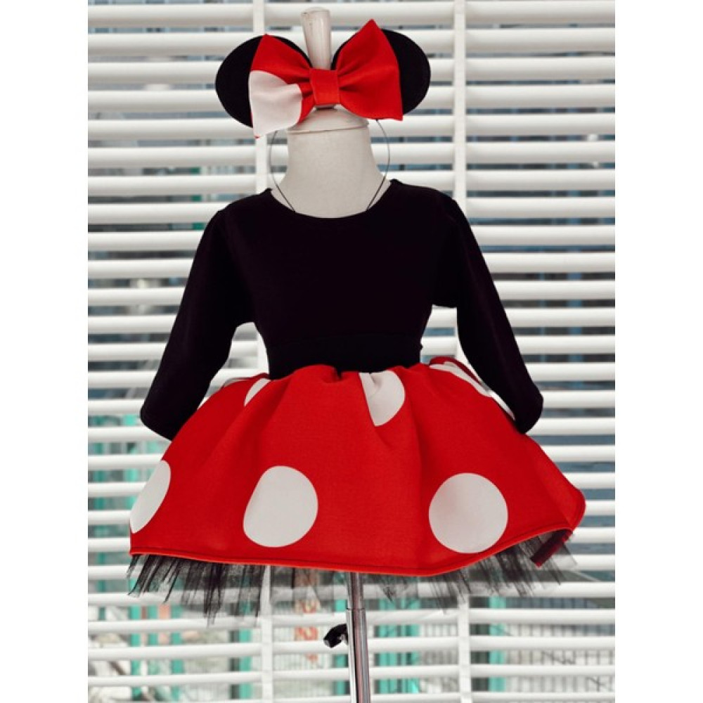 Anne Kız Tasarım Kırmızı Uzun Kollu Mickey Mouse Elbise Kız Çocuk Elbise Fiyatı