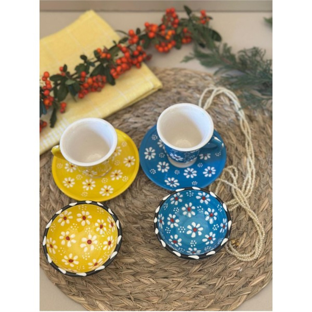 Anneler Günü Özel Papatya Çiçek 2 li Kahve Fincan Takımı ve 2 Adet Lokumluk Kase - 75 ml - Mavi - Sarı Fincan / Bardak / Kahve Takımı Fiyatı