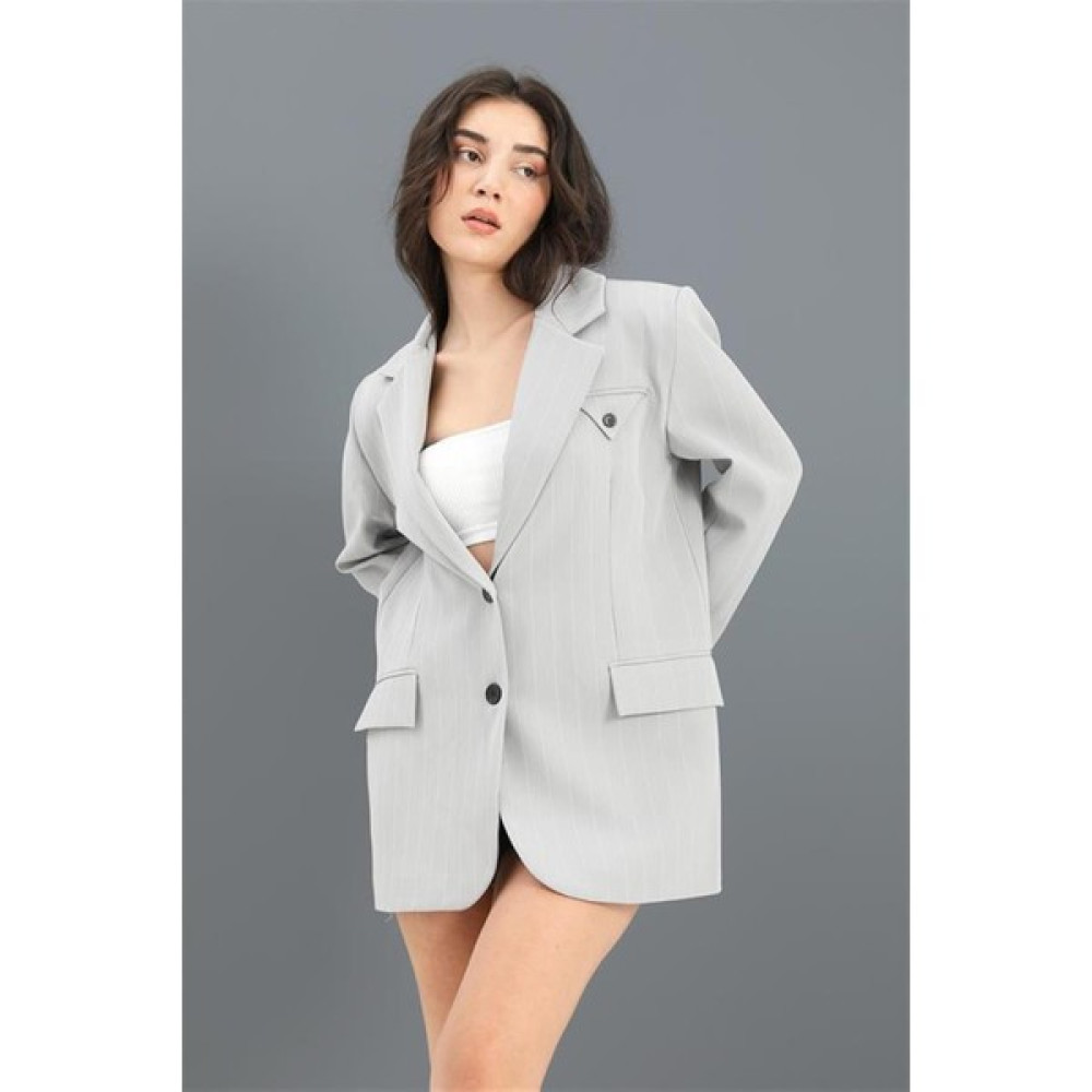 Antaress Blazer Ceket Çizgili Atlas Kumaş - Gri Bayan Ceket Fiyatı