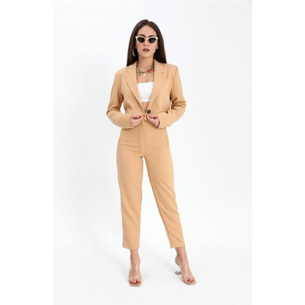 Antaress Çift Peto Cepli Kısa Crop Blazer Ceket Camel Bayan Ceket Fiyatı