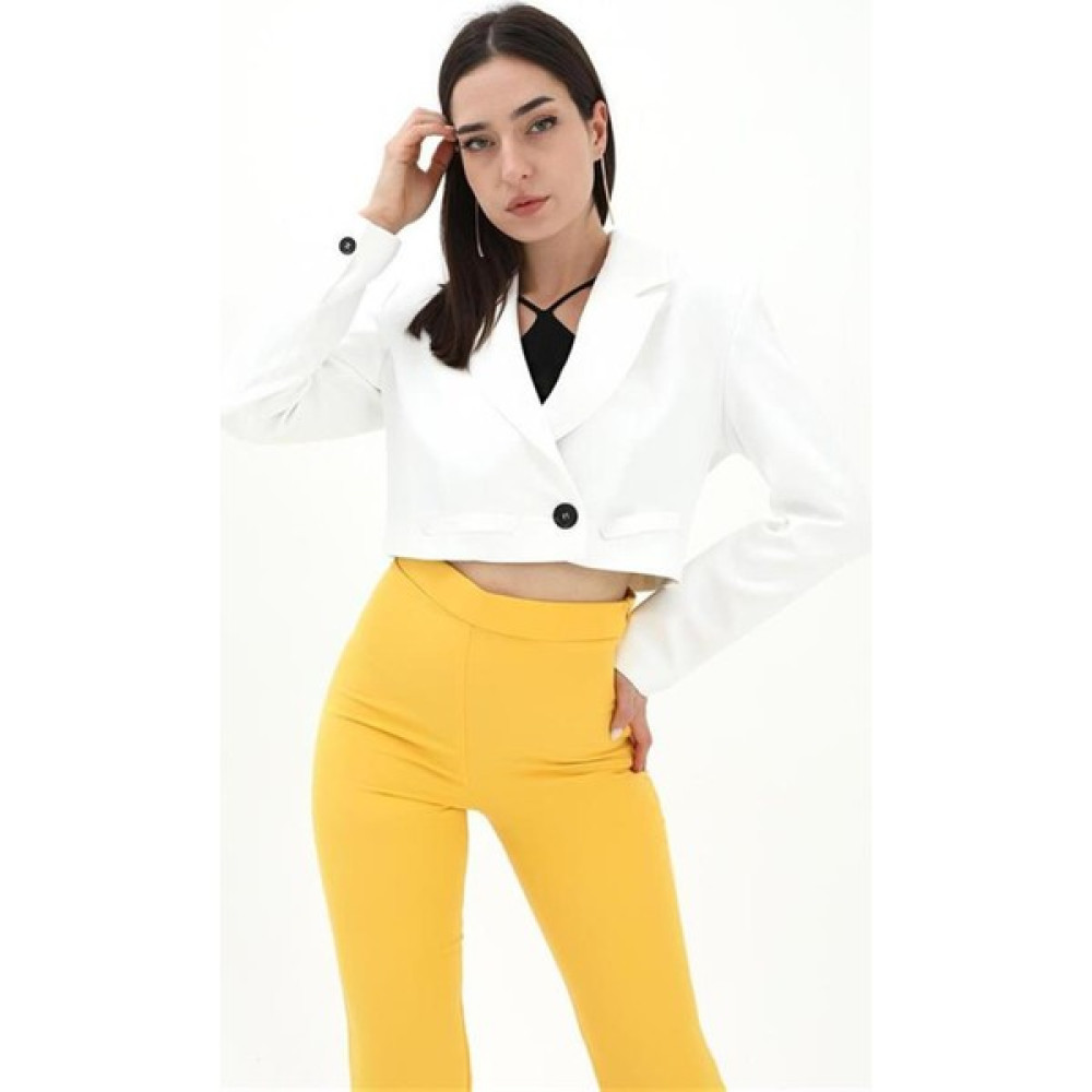 Antaress Çift Peto Cepli Kısa Crop Blazer Ceket - Ekru Bayan Ceket Fiyatı