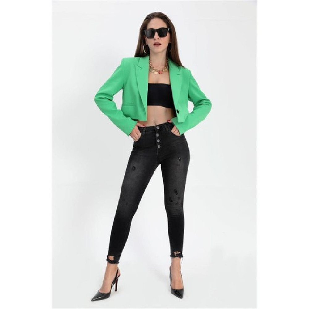 Antaress Çift Peto Cepli Kısa Crop Blazer Ceket Yeşil Bayan Ceket Fiyatı