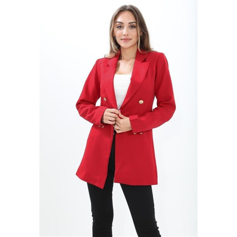 Antaress Omuzları Vatkalı Önü Çıtçıtlı Atlas Kumaş Kadın Blazer Ceket - Kırmızı Bayan Ceket Fiyatı