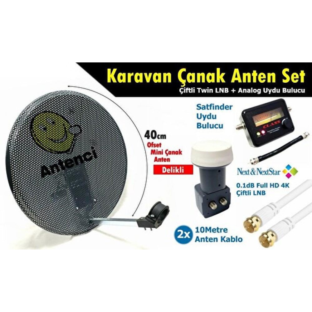 Antenci 40 CM Çiftli LNB + Delikli Karavan Çanak Anten Seti + Analog Uydu Bulucu Çanaklar Fiyatı